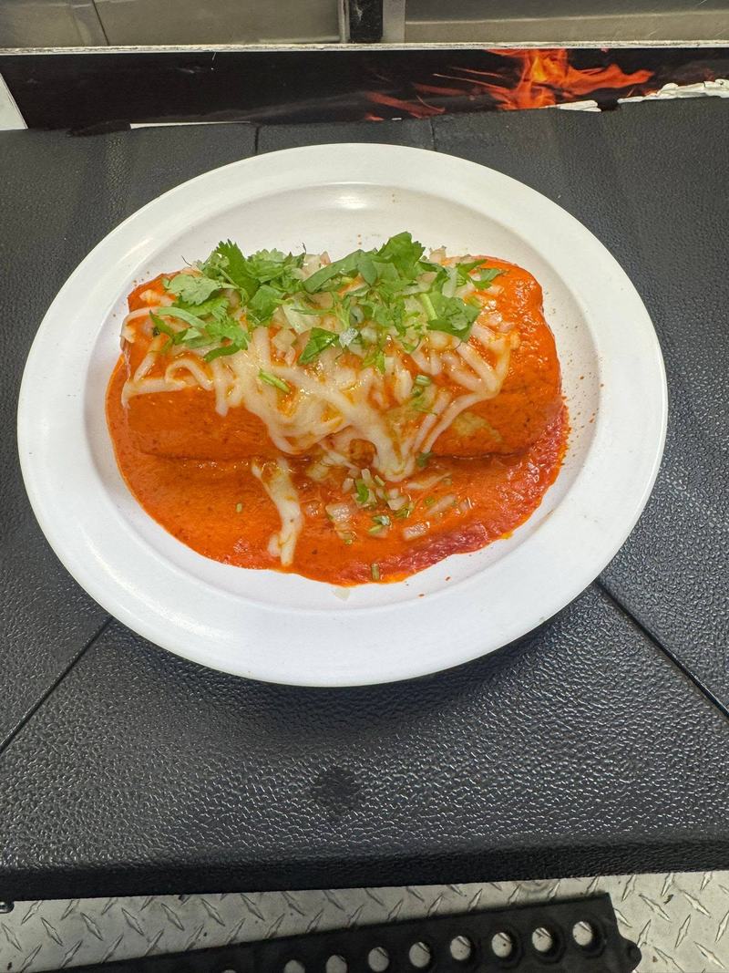 A plated dish of rolled tortillas under red sauce, topped with melted cheese and fresh cilantro.